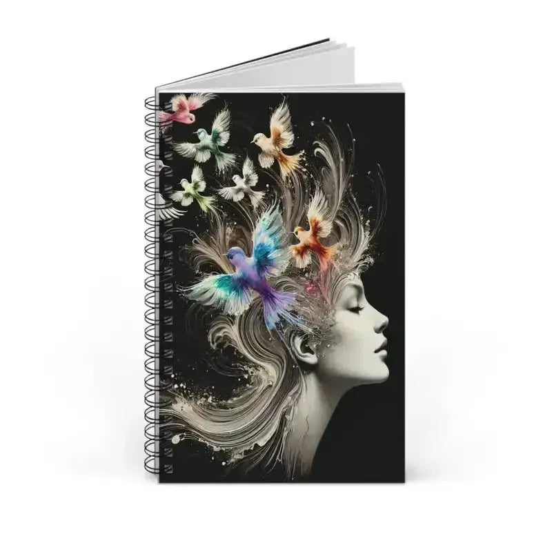 Gedankenvögel Spiral-Notizbuch mit bunten Vögeln und Blumen, schwarzer Hintergrund