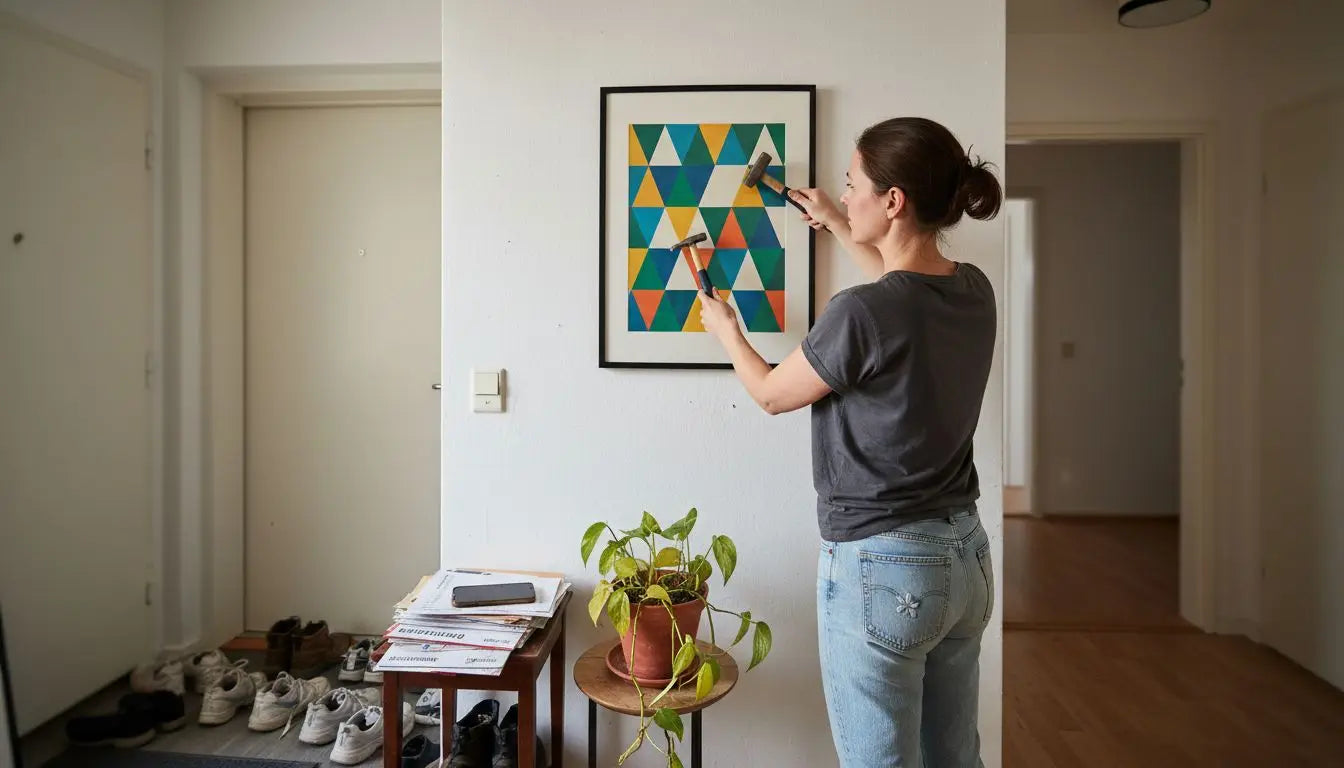 Gerahmtes Dreiecks-Kunstprint in Teal, Grün, Gelb mit emotionaler Wirkung