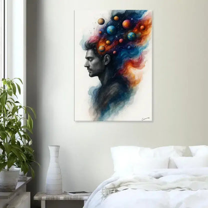 Abstraktes Wandkunst-Set Himmlisches Wand-Trio mit Mannsprofil, Planeten und Sternen