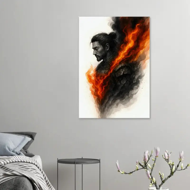 Aquarellmalerei eines Mannes von Flammen umgeben für das Produkt Der innere Krieger