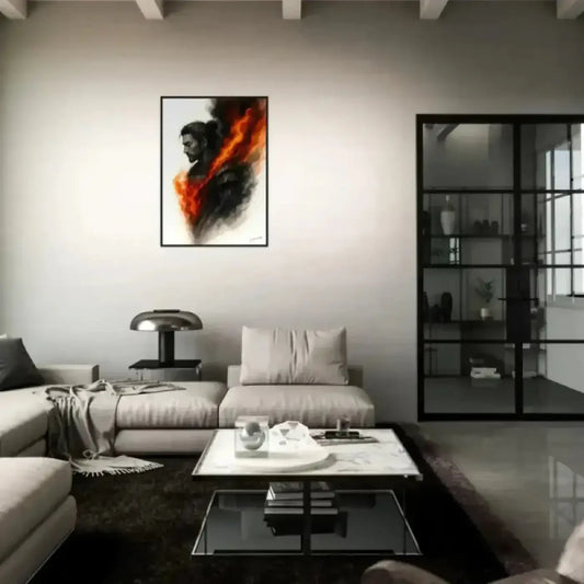 Gerahmtes poster innere krieger mit feurigen orangen und schwarzen pinselstrichen als sichtbares, visuelles kunstwerk