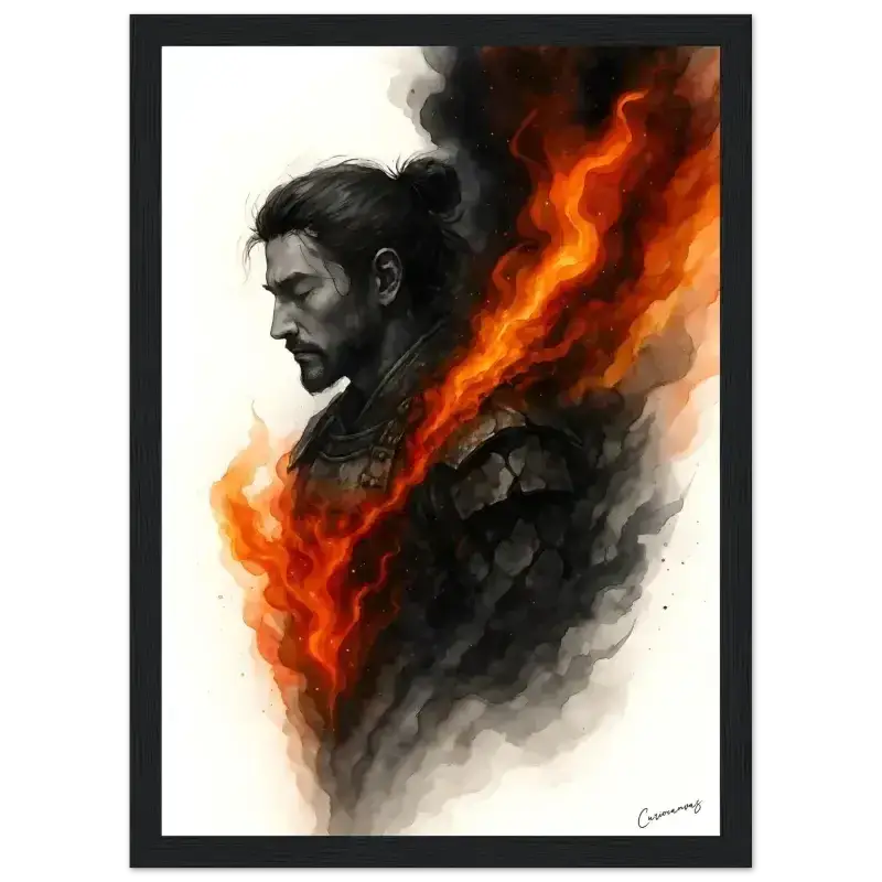 Gerahmtes Poster Innere Krieger mit schwarzer Flammen-Porträt