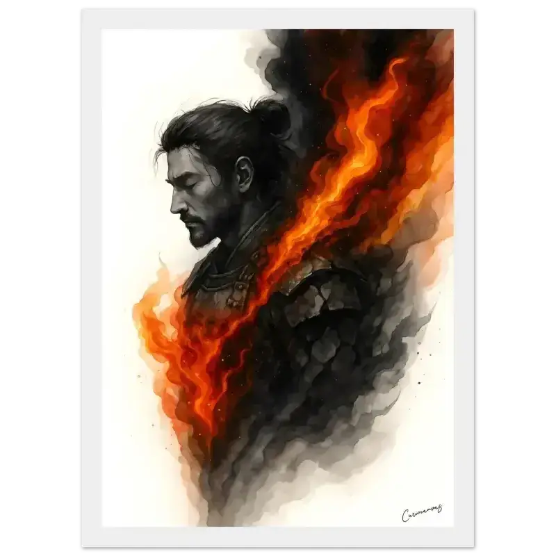 Feuriges gerahmtes Poster: Innere Krieger Porträt mit dunklem Haar und Bart in Rüstung