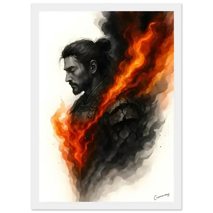 Feuriges gerahmtes Poster: Innere Krieger Porträt mit dunklem Haar und Bart in Rüstung