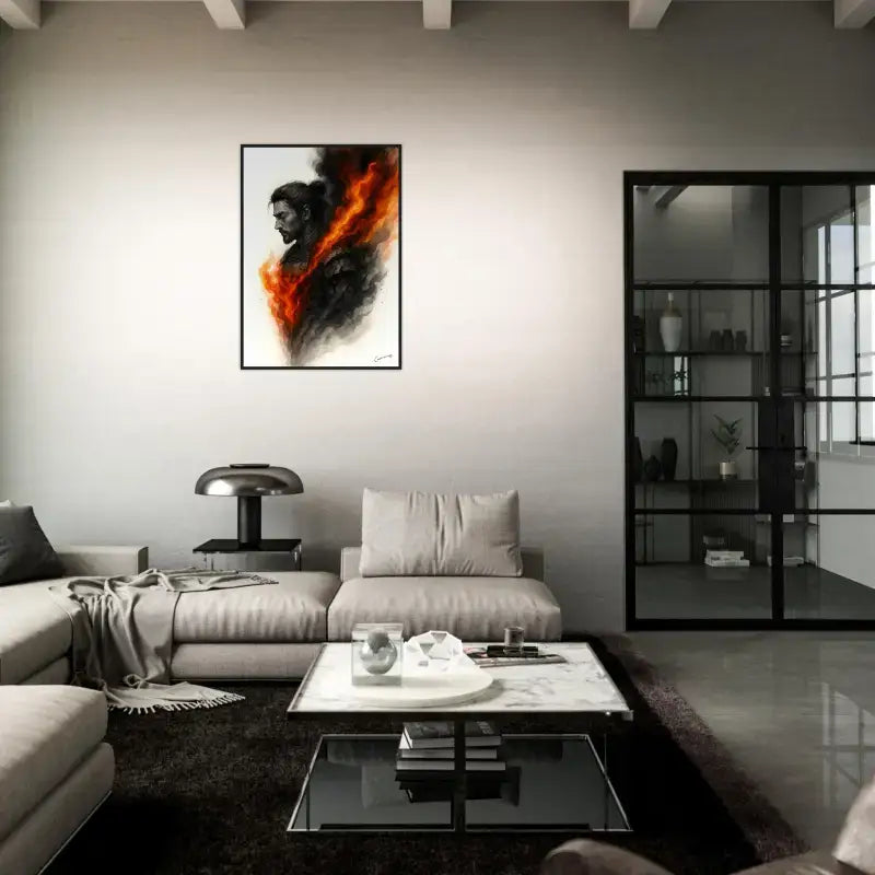 Gerahmtes Poster Innere Krieger mit schwarz-orange Feuerdesign