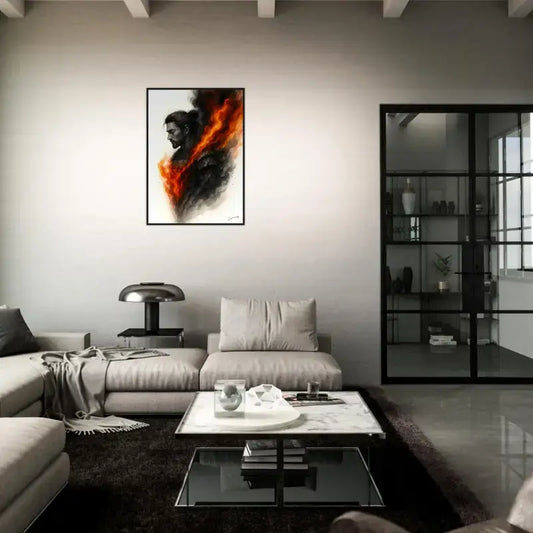 Gerahmtes Poster Innere Krieger mit schwarz-orange Feuerdesign