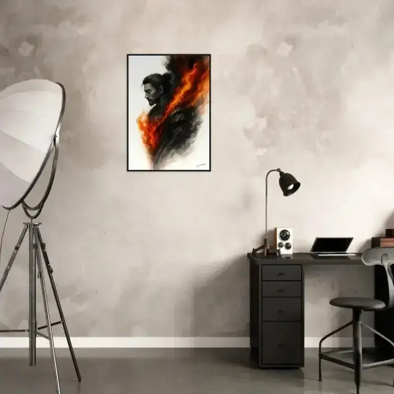 Gerahmtes Poster Innere Krieger mit Schwarz-Orange Flammenmotiv