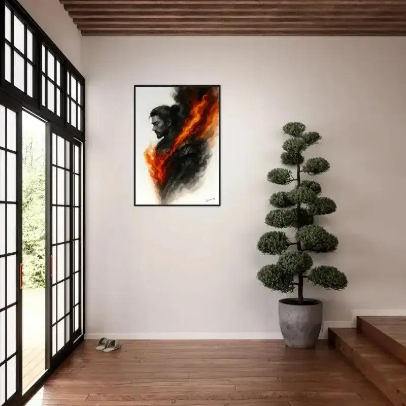 Gerahmtes Poster Innere Krieger mit Schwarz-Orange Flammen auf Weiß