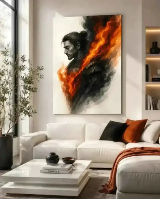 Ein auffälliges schwarz-orange flammendes porträt eines mannes über einem weißen sofa im produkt der innere krieger