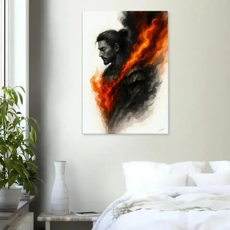 Der innere Krieger Leinwand: Schwarze und orange Flammen mit Männerprofil