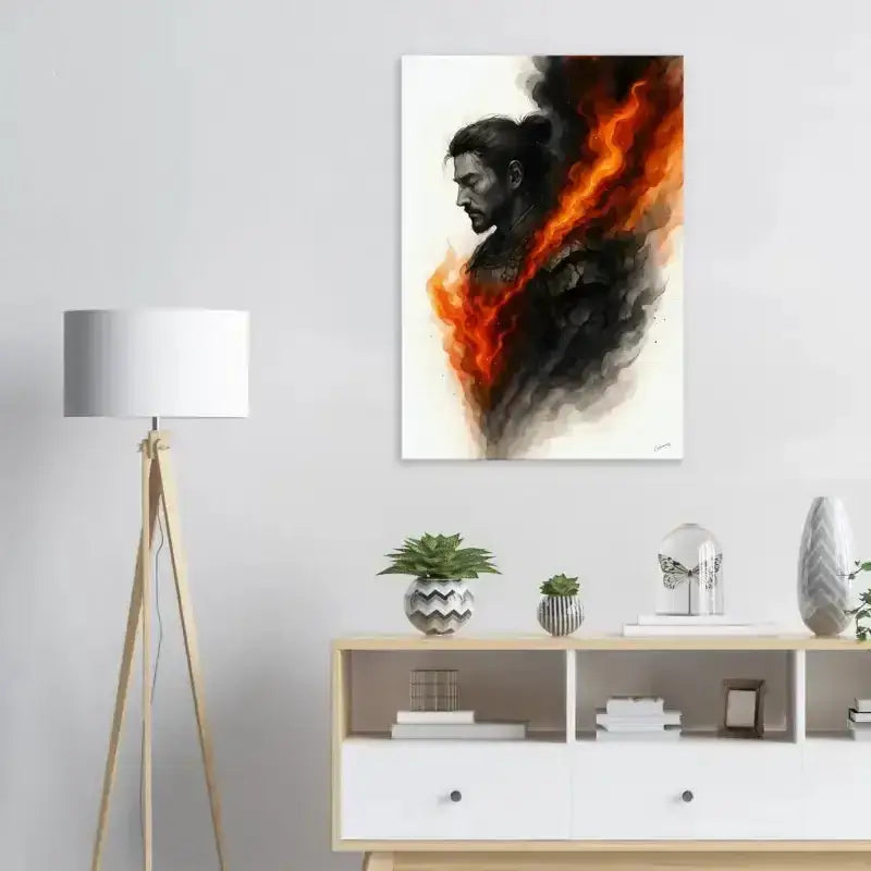 Moderne weiße und schwarze Vitrine mit offenen Regalen, Der Innere Krieger Leinwand, Feuer-Design