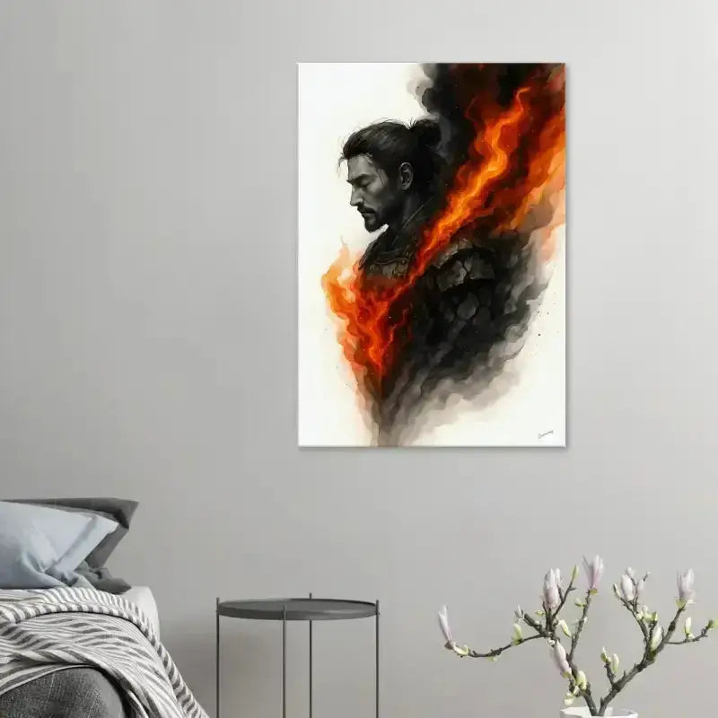 Der innere Krieger Leinwand mit schwarzem und orangem Feuer-Design