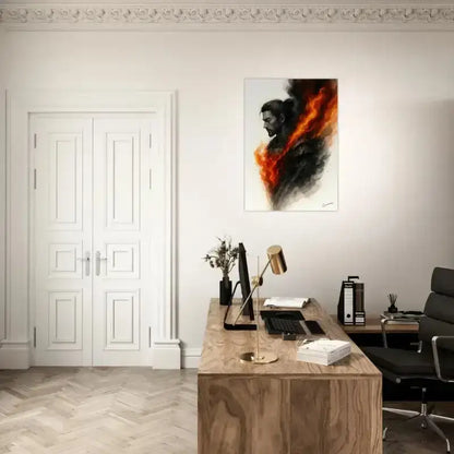 Innere Krieger Poster auf modernem Holztisch mit schwarzem Bürostuhl