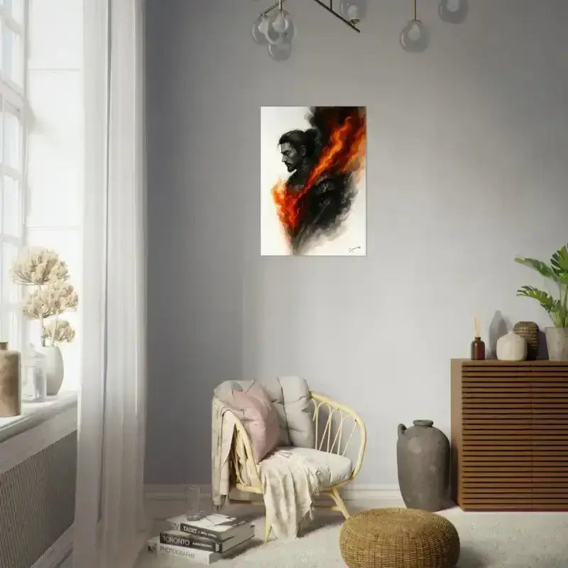 Schwarzer und oranger abstrakter Innere Krieger Print an weißer Wand