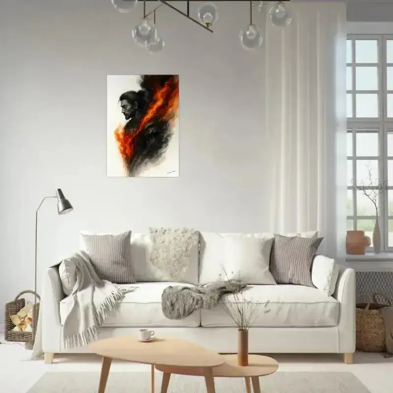 Weißes Sofa mit Holzbeinen, grauen Kissen und Innere Krieger Poster