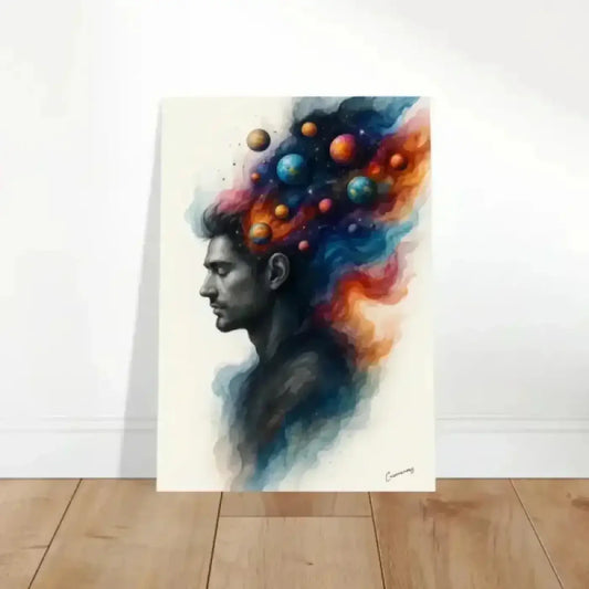 Vibranter innerer kosmos kunst poster mit aquarell porträt und kosmischen planeten in blau orange und lila
