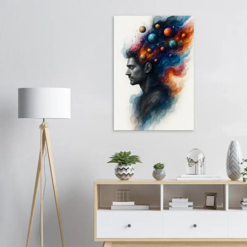 Wasserfarbenbild eines Mannes mit Planeten für das Kunstwerk Innerer Kosmos