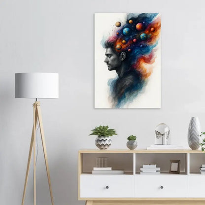 Wasserfarbenbild eines Mannes mit Planeten für das Kunstwerk Innerer Kosmos