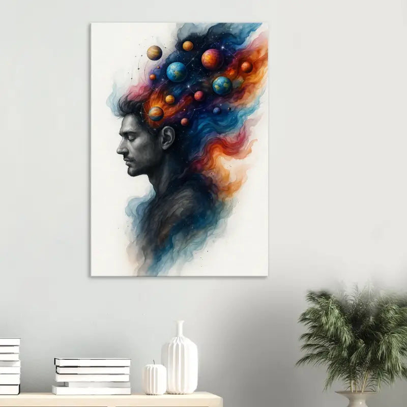 Aquarellbild eines Mannes mit Planeten und buntem Rauch aus dem Kopf