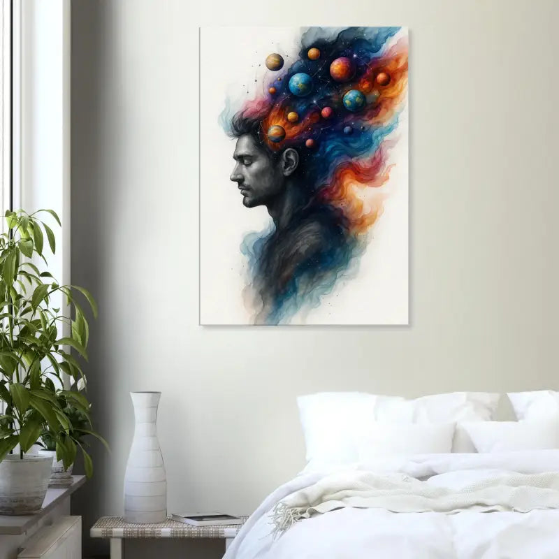 Wasserfarbenbild eines Mannes mit Planeten in seinem Haar im Kunstwerk Innerer Kosmos