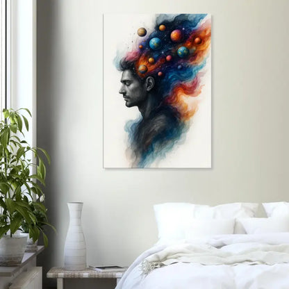 Wasserfarbenbild eines Mannes mit Planeten in seinem Haar im Kunstwerk Innerer Kosmos