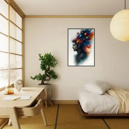 Gerahmtes poster innerer kosmos mit mann im profil und bunten planeten als visueller kunstprint