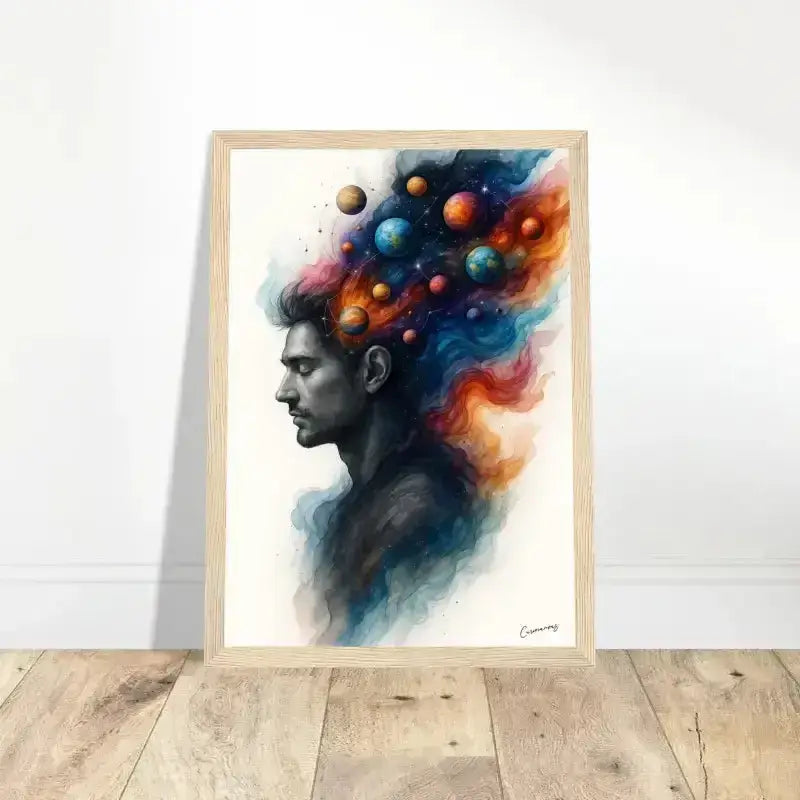 Abstraktes Porträt Mann mit wirbelnden Planeten-Haaren, Innerer Kosmos Gerahmtes Poster