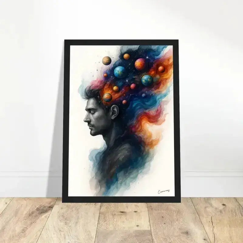 Abstraktes Porträt eines Mannes mit bunten Planeten im Haar, Innerer Kosmos gerahmtes Poster