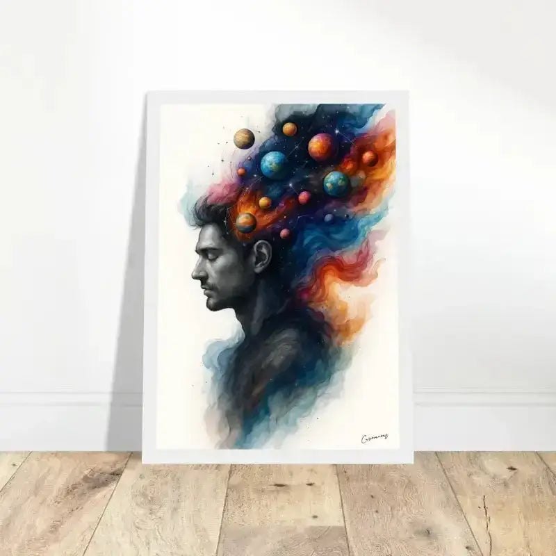 Abstraktes Porträt eines Mannes mit buntem Haar und Planeten im Kopf – Innerer Kosmos Gerahmtes Poster