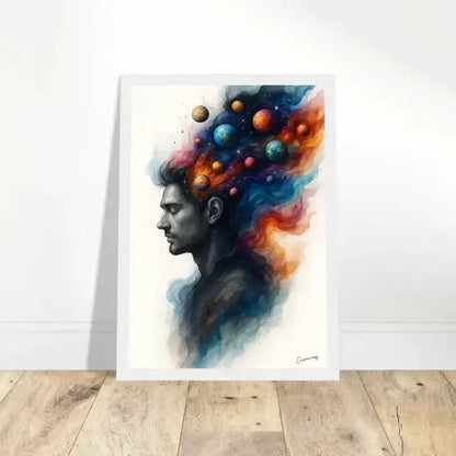 Abstraktes Porträt eines Mannes mit buntem Haar und Planeten im Kopf – Innerer Kosmos Gerahmtes Poster