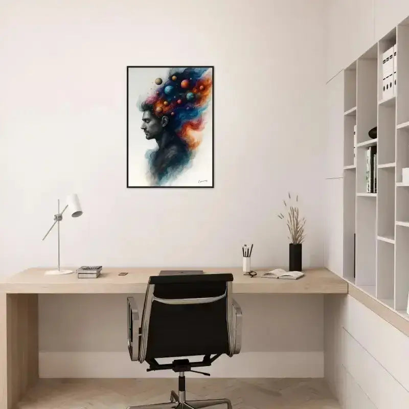 Innerer Kosmos gerahmtes Poster mit schwarzem Ledersessel