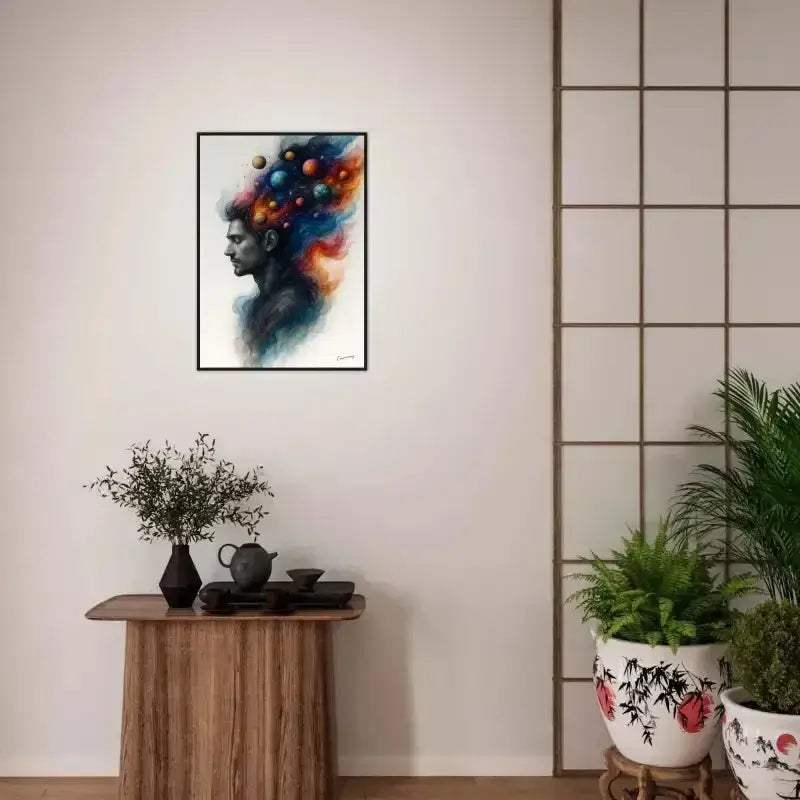 Gerahmtes Poster Innerer Kosmos: Schwarz-Weiß-Abstraktes Kunstprint mit farbigen Kugeln