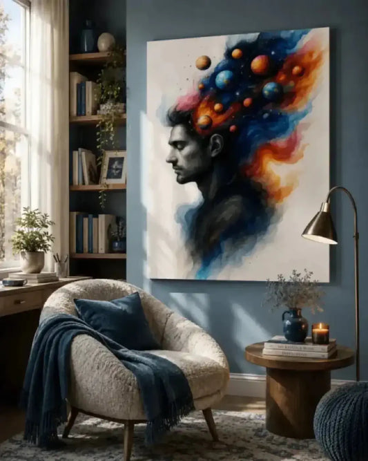 Ein innerer kosmos poster mit einem mann im profill und farbigen kosmischen kugeln in orange und blau als visuelle meditation