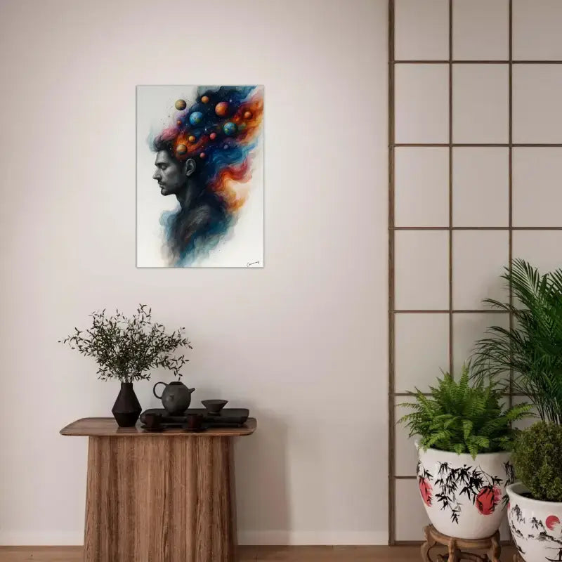 Abstrakte Leinwand Innerer Kosmos mit farbigen Kugeln und Kopfsilhouette