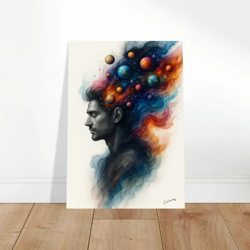 Abstraktes Kunstposter Innerer Kosmos mit Mannsprofil und kosmischem Haar