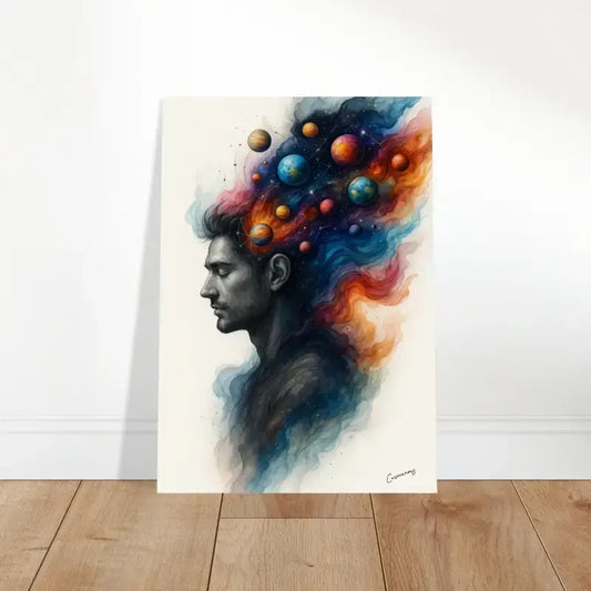 Abstraktes Kunstposter Innerer Kosmos mit Mannsprofil und kosmischem Haar