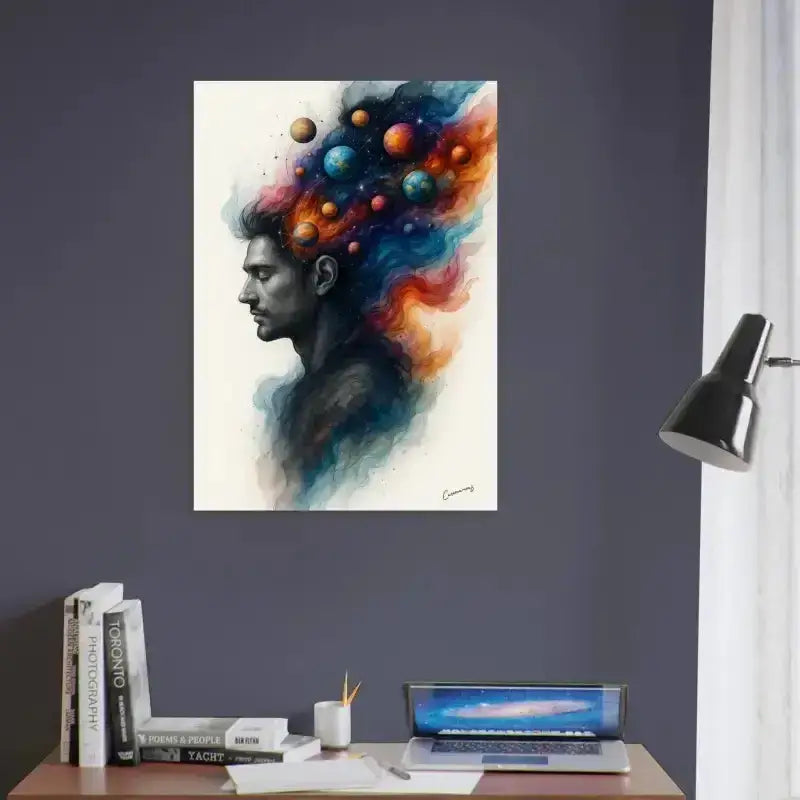Innerer Kosmos Poster: Mannprofil mit kosmischen Sphären im Haar