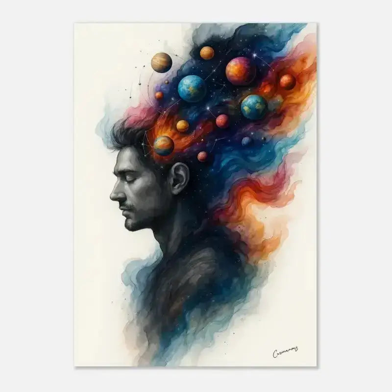 Aquarellgemälde eines Mannes mit kosmischen Planeten, Innerer Kosmos Poster