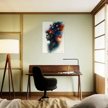 Innerer Kosmos Poster mit modernem schwarzem Bürostuhl