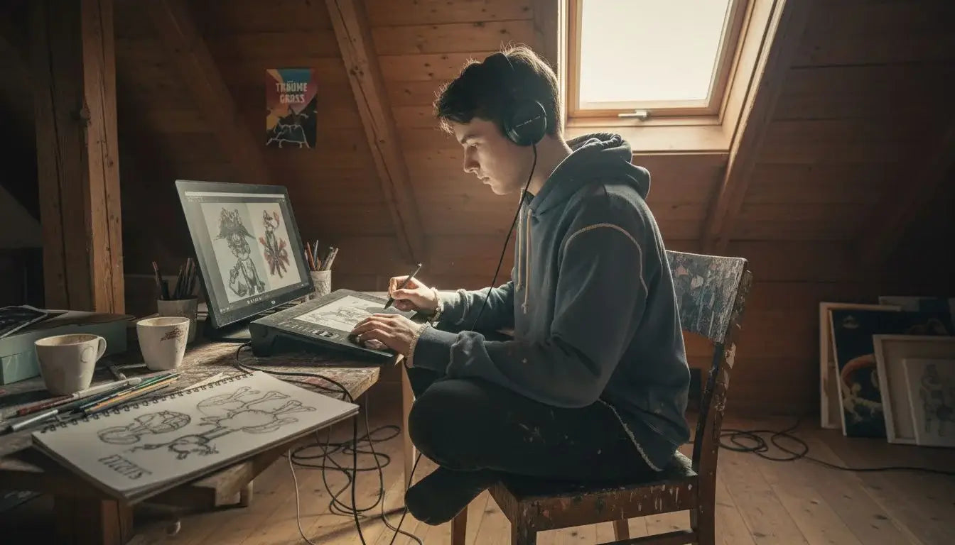 Junger Mann zeichnet digital: erweiterter Kunstbegriff à la Joseph Beuys