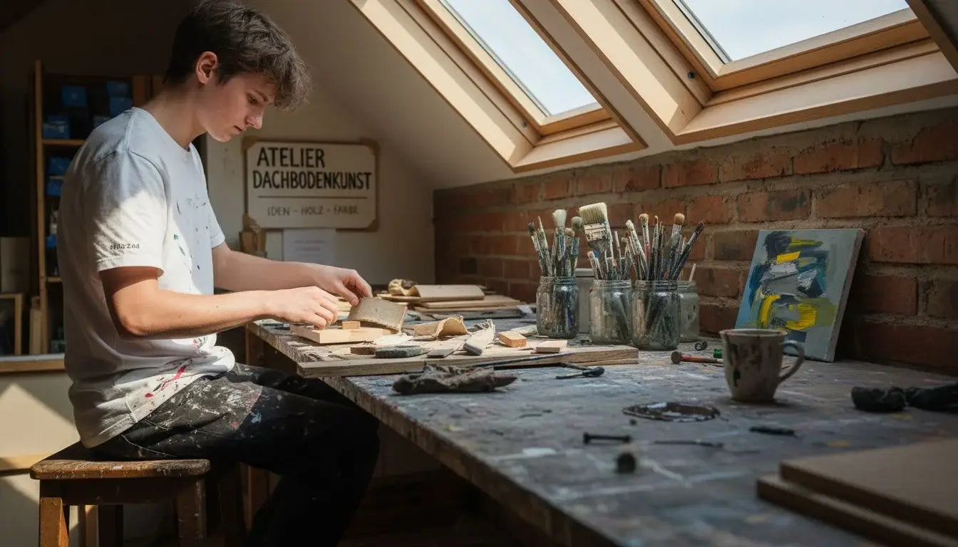 Junger Mann an Werkbank mit nachhaltigen Materialien, Kunst Trends 2025