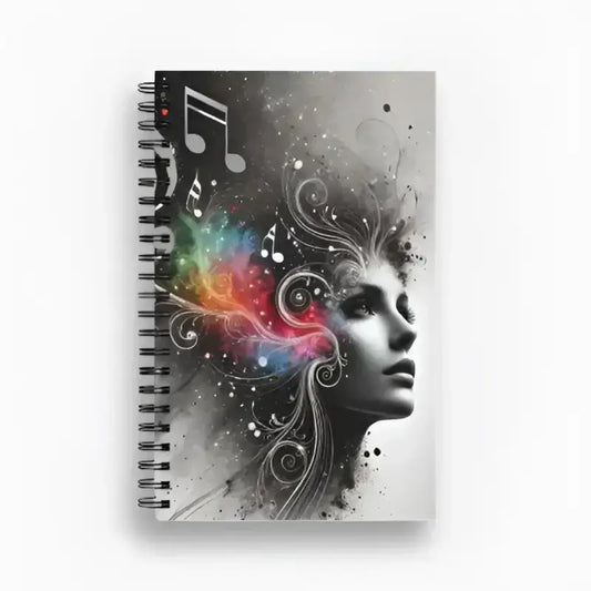 Spiralgebundenes Notizbuch Klang der Gedanken mit bunten Noten und Regenbogen-Swirls