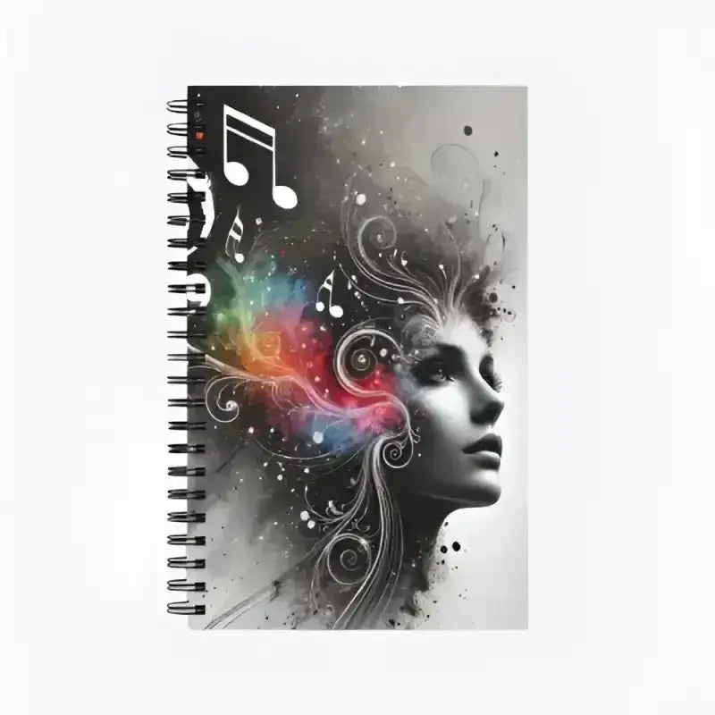 Spiralgebundenes Notizbuch Gedanken mit Frau-Porträt und Noten-Design von Curiocanvas