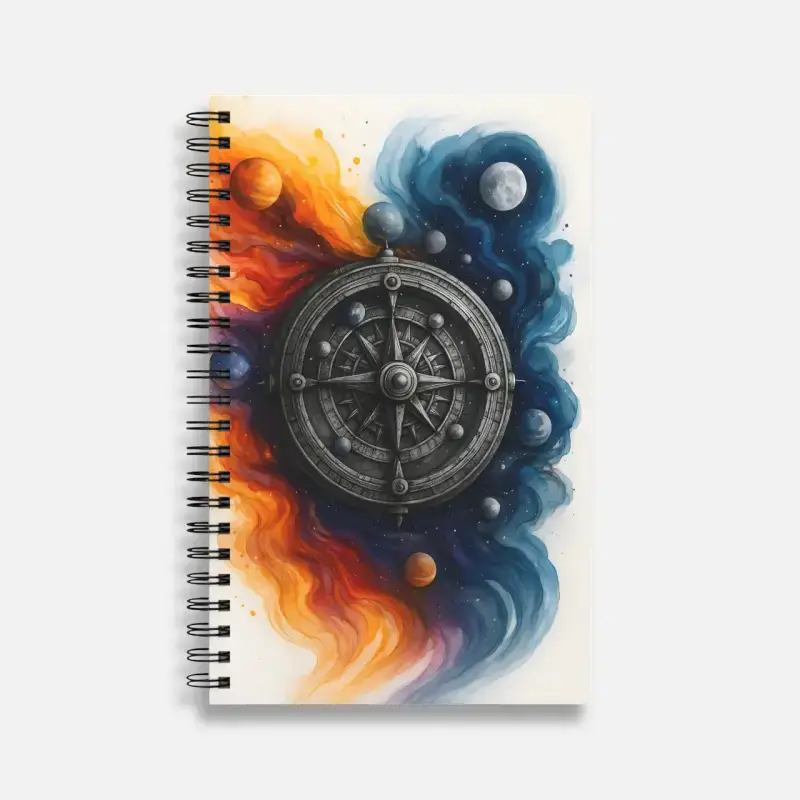 Kosmischer Kompass Notizbuch mit Kompass-Design in feurig-eisigen Farben