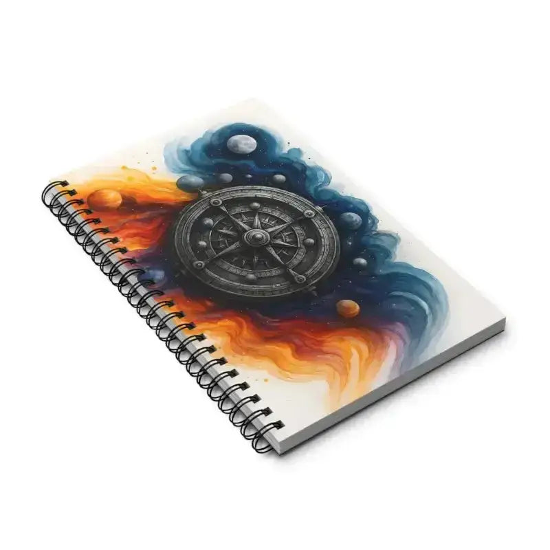 Kosmischer Kompass Notizbuch mit orange-blauen Wirbeln