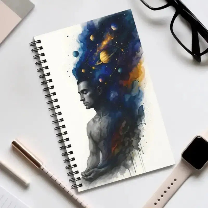 Spirales Notizbuch Kosmos im Kopf mit Weltraum-Cover und Mann in Profil