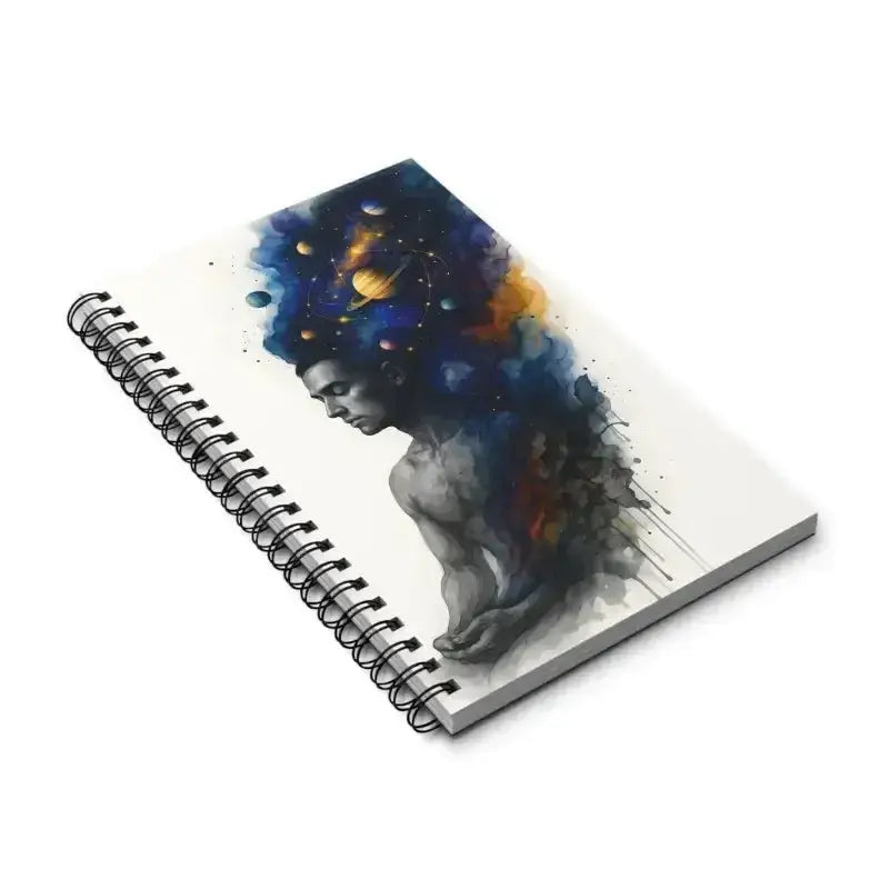 Spirales Notizbuch Kosmos im Kopf mit galaktischem Design, nackter Figur und grenzenlosen Gedanken