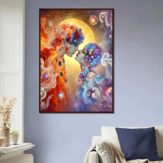 Gerahmtes poster der kuss mit vibrantem abstraktem porträt zweier profile vor gelbem mond in rot orange blau und violett kunst