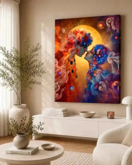 Vibrante abstrakte leinwandkunst der kuss zeigt zwei profile vor einem goldenen orb in rot blau und violett universen verschmelzen