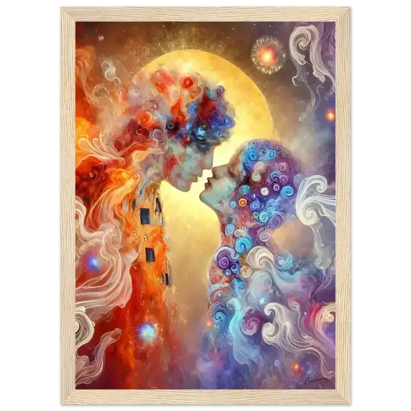 Abstraktes gerahmtes Poster: Zwei Profile vor Vollmond in Farben